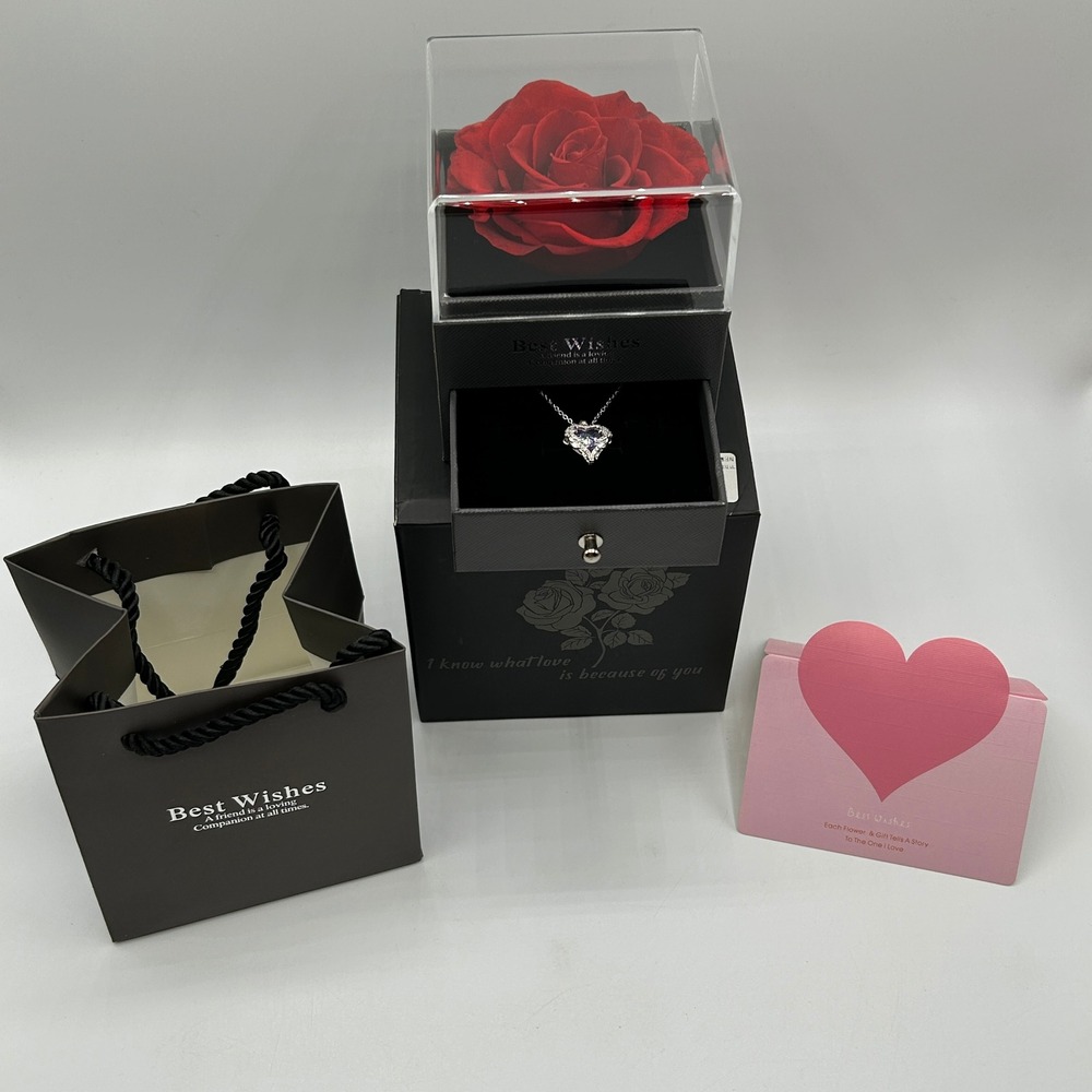 Best Wishes Preserved Red Rose Jewelry Box Purple Heart Necklace Gift Set NEW